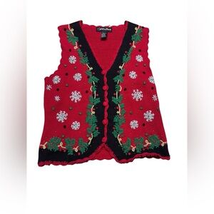 🎄 Vintage Embroidered‎ Christmas Sweater Vest Red Black M 🎄